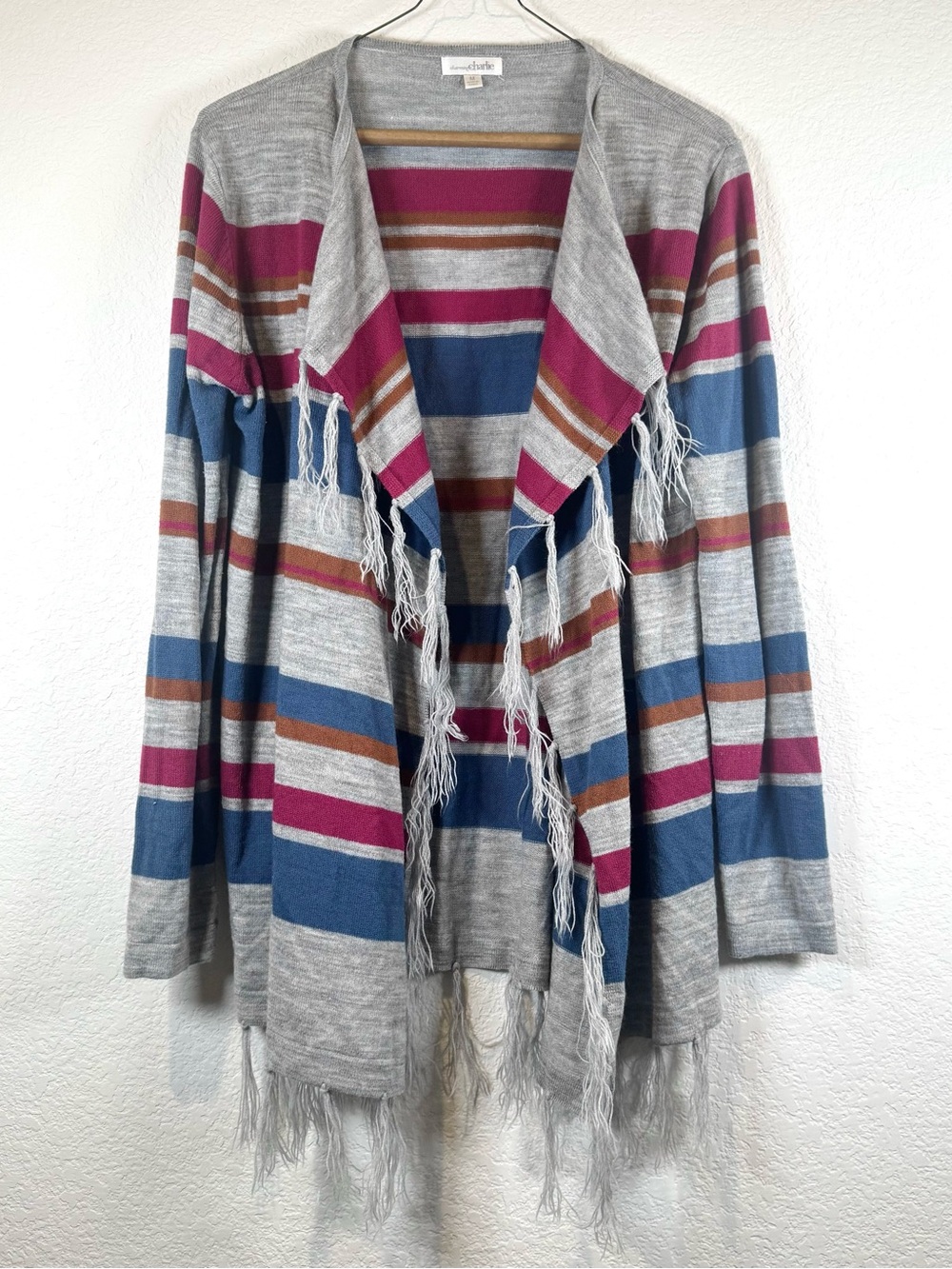 Charming Charlie Gray Striped Open Front Fringe Knit Cardigan Size Medium